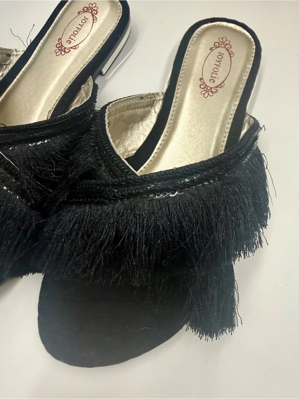 Joyfolie Danielle black fringe slide Sandle Youth size 6